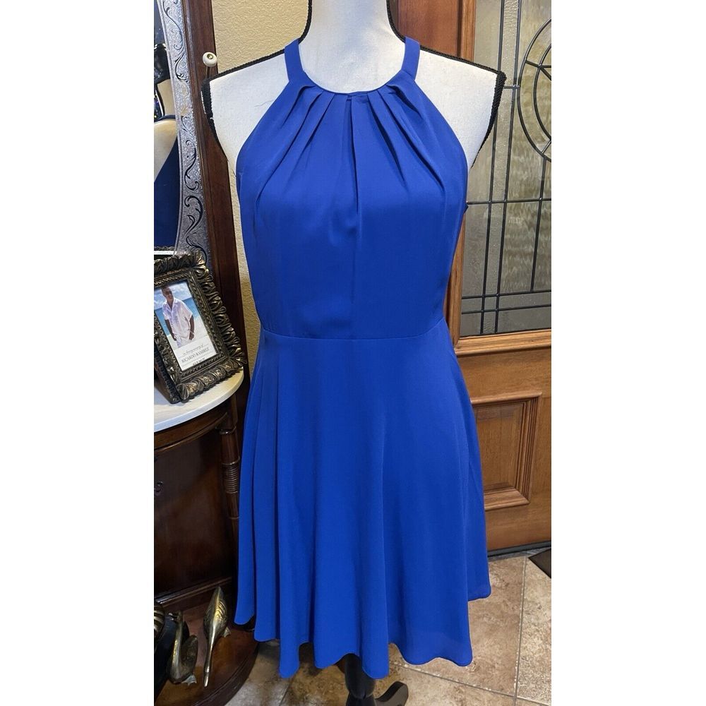 Express Women's Blue Sleeveless Pleated Halter Fitted‎ Chiffon A-Line Dress Sz 6